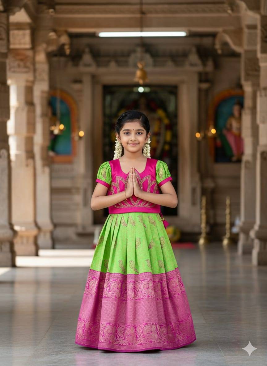 Lotus Frock Jaquard Silk Green Wholesale kids clothing suppliers in Ahmedabad